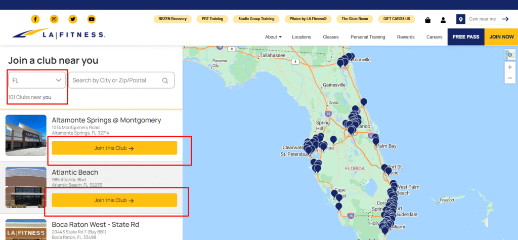 list of la fitness clubs in florida state