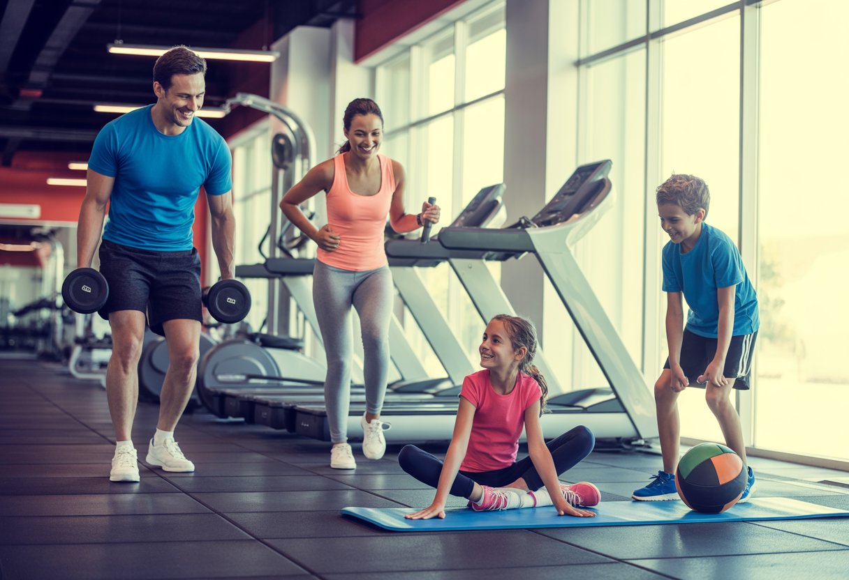 A family of four exercising together in a bright gym with modern equipment.