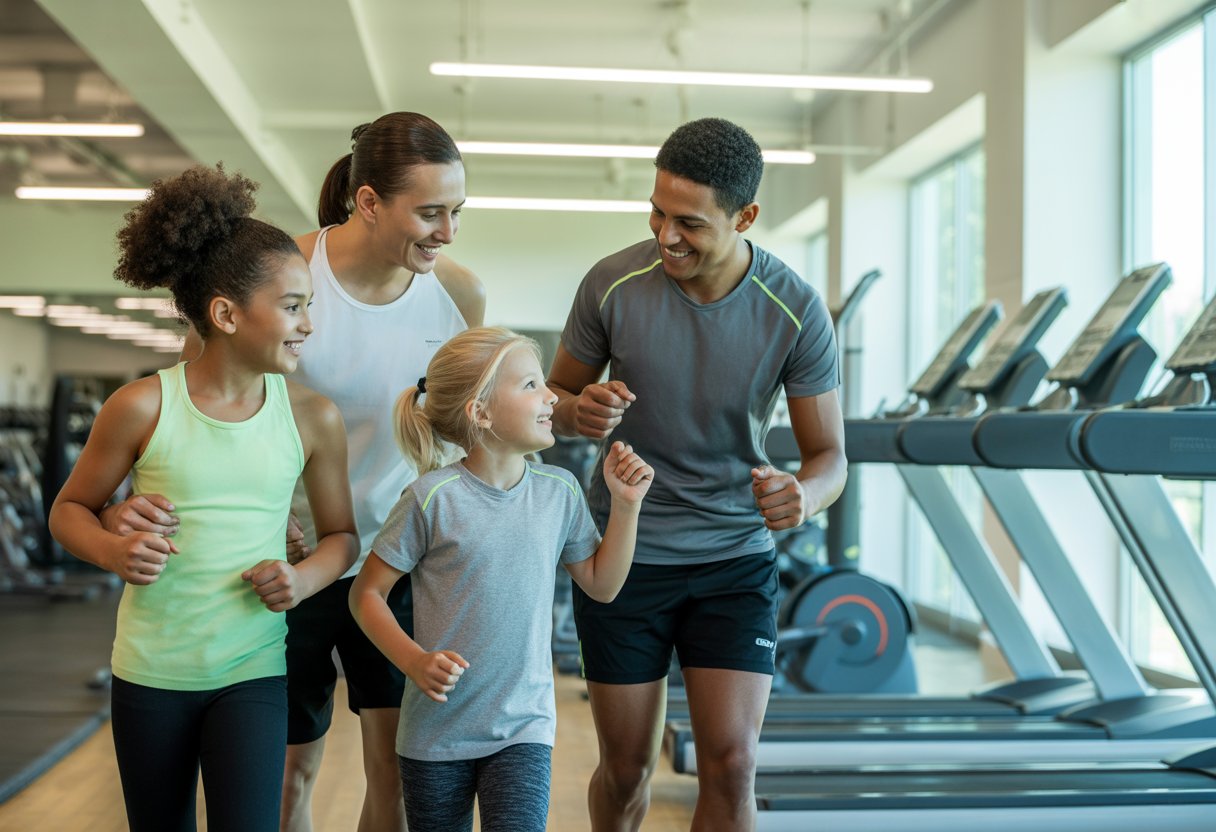A family of four exercising together in a bright, modern gym, smiling and enjoying their workout.